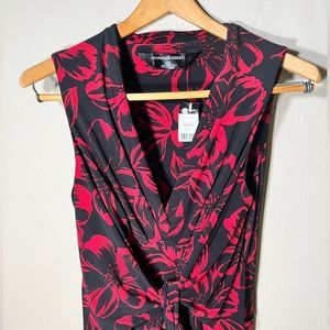 Norma Kamali Dress tie front red floral, sleeveless faux wrap, jersey dress M